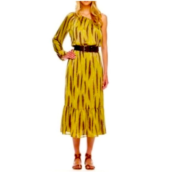 MICHAEL Michael Kors Dresses & Skirts - MICHAEL Michael Kors one shoulder maxi dress feathers print tarragon green brown